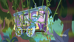 Size: 1920x1080 | Tagged: safe, screencap, starlight glimmer, trixie, pony, unicorn, g4, road to friendship, discovery family logo, duo, duo female, female, mare, swamp, tied up, trixie's wagon, upside down, vine