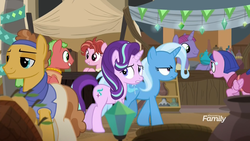 Size: 1920x1080 | Tagged: safe, screencap, pepperberry (g4), starlight glimmer, trixie, earth pony, pegasus, pony, unicorn, g4, road to friendship, background pony, clothes, discovery family logo, female, glowpaz, headband, jewelry, male, mare, market, necklace, pants, scarf, shirt, stallion, trixie is not amused, unamused, unnamed character, unnamed pony, vase, vendor, vendor stall