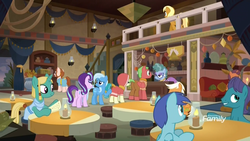 Size: 1920x1080 | Tagged: safe, screencap, apple cobbler, blue october, blueberry muffin, cocoa caliente, desert flower, emerald green, green gem, iahjmehet, lunar bay, mrs. trotsworth, starlight glimmer, trixie, tut junah, earth pony, pegasus, pony, unicorn, g4, road to friendship, apple family member, background pony, butt, clothes, discovery family logo, female, get on inn, inn, jewelry, male, mare, necklace, plot, restaurant, robe, shirt, somnambula (location), somnambula resident, stallion, tail wrap, unnamed character, unnamed pony