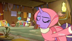 Size: 1920x1080 | Tagged: safe, screencap, saret, earth pony, pony, unicorn, g4, road to friendship, background pony, clothes, couch, female, headband, inn, jewelry, lantern, male, mare, necklace, pants, pillow, robe, rug, scarf, sleeping, somnambula (location), stallion, teapot, unnamed character, unnamed pony, vase