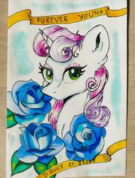 Size: 780x1024 | Tagged: safe, artist:ilynalta, sweetie belle, pony, unicorn, g4, bust, eyeshadow, female, flower, lidded eyes, looking at you, makeup, portrait, solo, traditional art