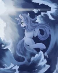 Size: 1024x1273 | Tagged: safe, artist:fluttersheeeee, oc, oc only, pony, unicorn, blue, female, mare, monochrome, solo, water, wave