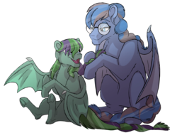 Size: 2732x2048 | Tagged: safe, artist:percy-mcmurphy, oc, oc only, oc:cyan sceptre, oc:dark script, bat pony, pony, icey-verse, bat pony oc, commission, cute, cute little fangs, fangs, female, fluffy, frog (hoof), glasses, high res, mare, mother and daughter, next generation, offspring, open mouth, parent:oc:dark script, parent:oc:lime tendrill, parents:oc x oc, ponytail, simple background, sitting, transparent background, underhoof
