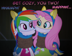 Size: 934x730 | Tagged: safe, artist:snakeythingy, edit, fluttershy, rainbow dash, equestria girls, g4, my little pony equestria girls, bondage, bound and gagged, cloth gag, clothes, damsel in distress, dialogue, duo, duo female, female, gag, help us, looking at each other, muffled words, photomanipulation, rope, rope bondage, story included, tied up, uniform, wondercolts uniform