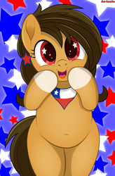 Size: 3100x4738 | Tagged: safe, artist:an-tonio, oc, oc only, oc:chilenia, earth pony, pony, abstract background, belly button, bipedal, chile, chubby, coat markings, cute, excited, female, looking at you, mare, nation ponies, ocbetes, open mouth, plump, ponified, smiling, socks (coat markings), solo, starry eyes, wingding eyes