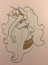 Size: 1280x1707 | Tagged: safe, artist:greyscaleart, princess celestia, pony, g4, bust, female, looking down, mare, partial color, portrait, solo, traditional art