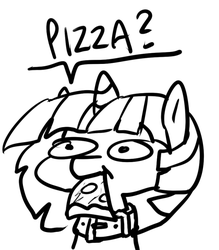 Size: 602x688 | Tagged: safe, artist:duop-qoub, twilight sparkle, alicorn, pony, descended twilight, g4, :t, ask, collar, female, food, mare, monochrome, mouth hold, pizza, sketch, solo, text, tumblr, twilight sparkle (alicorn)