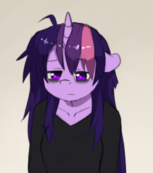 Size: 1137x1281 | Tagged: safe, artist:duop-qoub, twilight sparkle, alicorn, anthro, descended twilight, g4, :|, bags under eyes, female, floppy ears, long sleeves, sad, simple background, solo, twilight sparkle (alicorn)