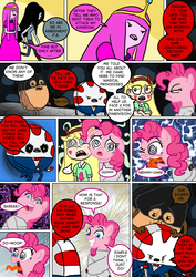 Size: 800x1130 | Tagged: safe, artist:imbriaart, pinkie pie, earth pony, pony, comic:magic princess war, g4, adventure time, bondage, cinnamon bun, comic, crossover, food, male, marceline, peppermint butler, princess bubblegum, star butterfly, star vs the forces of evil, straitjacket