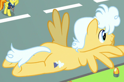Size: 679x450 | Tagged: safe, screencap, mountain haze, spitfire, pegasus, pony, g4, top bolt, butt, cropped, cutie mark, female, flying, male, mare, plot, solo focus, stallion