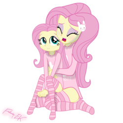 Size: 7680x7680 | Tagged: safe, artist:efk-san, fluttershy, equestria girls, g4, absurd resolution, blushing, clothes, crying, cute, duo, eyes closed, female, hug, open mouth, self paradox, shirt, show accurate, shyabetes, simple background, socks, striped socks, sweater, transparent background, younger