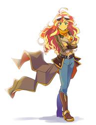 Size: 2550x3300 | Tagged: safe, artist:rustyartist, sunset shimmer, equestria girls, g4, ami koshimizu, anime, boots, clothes, cosplay, costume, crossed arms, female, high res, looking at you, rwby, shoes, simple background, solo, sunglasses, voice actor joke, white background, yang xiao long