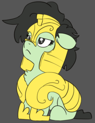 Size: 520x672 | Tagged: safe, artist:lockhe4rt, oc, oc only, oc:filly anon, pony, armor, chest fluff, cute, female, filly, floppy ears, gray background, helmet, ocbetes, royal guard, serious, serious face, simple background, sitting