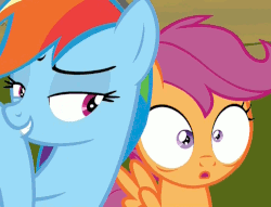 Size: 800x612 | Tagged: safe, screencap, rainbow dash, scootaloo, pegasus, pony, g4, the washouts (episode), :o, animated, cropped, female, filly, gif, lidded eyes, mare, open mouth, out of context, whispering, wide eyes