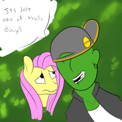 Size: 900x900 | Tagged: safe, anonymous artist, fluttershy, oc, oc:anon, g4, 4chan, backwards ballcap, baseball cap, cap, colored, drawthread, duo, fred durst, funny as hell, hat, unhappy, we are going to hell