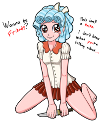 Size: 2688x3080 | Tagged: safe, artist:artemis-polara, cozy glow, equestria girls, g4, barefoot, bow, clothes, cozybetes, creepy, cute, dialogue, equestria girls-ified, feet, female, freckles, hair bow, high res, knife, legs, looking at you, miniskirt, pleated skirt, simple background, skirt, smiling, solo, text, transparent background, wanna be friends?, yandere, yandereglow