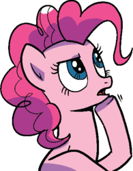 Size: 375x482 | Tagged: safe, artist:pencils, edit, pinkie pie, earth pony, pony, g4, idw, female, hoof on chin, open mouth, ponk, reaction image, simple background, solo, thinking, transparent background