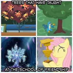 Size: 1080x1080 | Tagged: safe, screencap, fluttershy, gallus, tree of harmony, a matter of principals, g4, non-compete clause, what lies beneath, dragonsneeze, flower, fluttertree, meme, school of friendship, text, tree, trophy