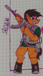 Size: 720x1280 | Tagged: safe, artist:doc rainbow, pony, ak74m, bulletproof vest, cover, graph paper, shooting, soldier, solo, traditional art, weapon