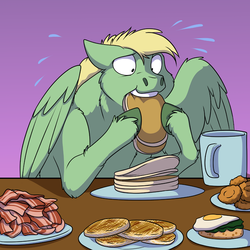 Size: 1000x1000 | Tagged: safe, artist:foxenawolf, oc, oc only, oc:mark wells, pegasus, pony, fanfic:off the mark, bacon, breakfast, eating, egg (food), fanfic art, fluffy, food, fried egg, hay bacon strips, male, pancakes, pegasus oc, solo, stallion, unshorn fetlocks