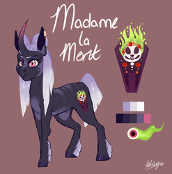 Size: 760x768 | Tagged: safe, artist:qatsby, oc, oc only, oc:madame la mort, pony, unicorn, curved horn, female, horn, offspring, parent:king sombra, parent:twilight sparkle, parents:twibra, reference sheet, simple background, solo