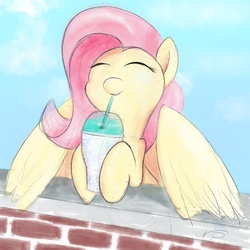 Size: 2048x2048 | Tagged: safe, artist:coloringrainclouds, fluttershy, pegasus, pony, g4, colored sketch, cute, eyes closed, female, high res, shyabetes, slushie, solo, spread wings, wings