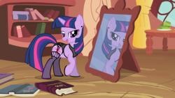 Size: 3201x1800 | Tagged: safe, artist:evilenchantress, derpibooru exclusive, twilight sparkle, pony, unicorn, g4, bedroom eyes, book, clothes, ear piercing, female, garter belt, golden oaks library, lingerie, mare, mirror, piercing, seductive, sexy, show accurate, solo, stockings, thigh highs, unicorn twilight