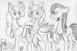 Size: 1215x797 | Tagged: safe, artist:farahin001, oc, oc only, oc:fara, oc:vionova, earth pony, pegasus, pony, female, mare, monochrome, self ponidox, traditional art