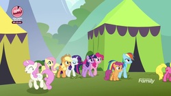 Size: 1920x1080 | Tagged: safe, screencap, applejack, cherry berry, fluttershy, pinkie pie, rainbow dash, rarity, scootaloo, twilight sparkle, twinkleshine, alicorn, pony, g4, the washouts (episode), discovery family logo, female, mane six, twilight sparkle (alicorn)