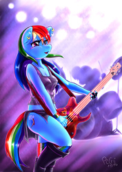Size: 1767x2500 | Tagged: safe, artist:pigixd, fluttershy, pinkie pie, rainbow dash, pegasus, anthro, bass guitar, boots, breasts, cleavage, clothes, concert, ear piercing, earring, female, guitar, jewelry, mare, midriff, musical instrument, nail polish, piercing, shoes, solo, tanktop