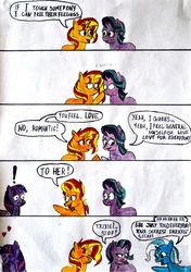 Size: 3824x5424 | Tagged: safe, artist:crosslineanimator, starlight glimmer, sunset shimmer, trixie, twilight sparkle, alicorn, pony, unicorn, g4, blushing, boop, comic, dialogue, empathy, female, guardians of the galaxy, heart, inconvenient trixie, lesbian, reference, ship:twistarlight, shipping, traditional art, twilight sparkle (alicorn)