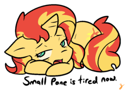 Size: 739x534 | Tagged: safe, artist:zutcha, sunset shimmer, pony, unicorn, g4, cute, female, shimmerbetes, simple background, smol, solo, text, tired, transparent background