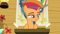 Size: 1280x720 | Tagged: safe, screencap, scootaloo, pony, g4, the washouts (episode), female, rainbow wig, solo