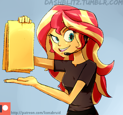 Size: 618x580 | Tagged: safe, artist:manic-the-lad, sunset shimmer, equestria girls, g4, my little pony equestria girls: better together, a dash of everything, female, headset, meme, patreon, patreon logo, ponified meme, shamwow, solo, vince offer, watermark