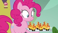Size: 1920x1080 | Tagged: safe, screencap, pinkie pie, earth pony, pony, g4, the washouts (episode), bake it like buddy, cupcake, discovery family logo, extreme chocolate airshow cupcake, female, food, looking down, mare, solo, this is fine