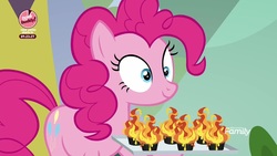 Size: 1920x1080 | Tagged: safe, screencap, pinkie pie, earth pony, pony, g4, the washouts (episode), bake it like buddy, cupcake, discovery family logo, extreme chocolate airshow cupcake, female, food, mare, solo