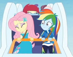 Size: 675x532 | Tagged: safe, screencap, fluttershy, rainbow dash, roseluck, equestria girls, equestria girls series, g4, rollercoaster of friendship, cropped, eyes closed, female, geode of fauna, geode of super speed, magical geodes, roller coaster, scared, smiling