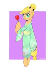 Size: 768x1024 | Tagged: safe, artist:kagitsuki, artist:rari85beauty2, applejack, earth pony, semi-anthro, g4, alternate hairstyle, apple, bipedal, candy apple, clothes, cute, female, food, kimono (clothing), looking at you, smiling, solo