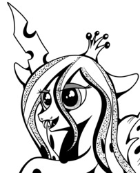 Size: 2432x3000 | Tagged: source needed, safe, artist:rainbowtashie, queen chrysalis, changeling, changeling queen, g4, female, high res, monochrome, simple background, solo, white background