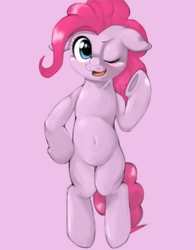 Size: 1200x1536 | Tagged: safe, artist:kurogewapony, pinkie pie, earth pony, pony, semi-anthro, g4, female, mare, one eye closed, open mouth, open smile, simple background, smiling, solo, underhoof, waving, wink