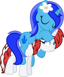 Size: 3353x4000 | Tagged: safe, anonymous artist, oc, oc only, oc:spacelight, pony, unicorn, couple, female, flower, flower in hair, mare, ponies riding ponies, riding, simple background, sleeping, transparent background, vector