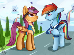 Size: 2835x2126 | Tagged: safe, artist:php97, rainbow dash, scootaloo, pegasus, pony, g4, academy record, clothes, duo, female, goggles, high res, mare, older, older scootaloo, uniform, watch, whistle, wonderbolt trainee uniform, wonderbolts dress uniform