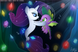 Size: 1600x1067 | Tagged: safe, artist:lennonblack, rarity, spike, dragon, seapony (g4), g4, blue eyes, bubble, bubble helmet, bubble on head, crystal, female, gem, horn, looking at each other, male, seaponified, seapony rarity, ship:sparity, shipping, signature, species swap, straight, underwater, water, winged spike, wings