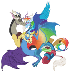 Size: 1134x1155 | Tagged: safe, artist:bijutsuyoukai, discord, rainbow dash, draconequus, g4, alternate universe, colored wings, digital art, draconequified, female, kissing, male, multicolored wings, rainbow wings, ship:discodash, shipping, simple background, species swap, straight, transparent background