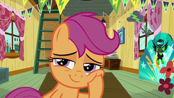 Size: 1280x720 | Tagged: safe, screencap, scootaloo, pony, g4, the washouts (episode), cheek squish, clubhouse, crusaders clubhouse, female, lidded eyes, solo, squishy cheeks