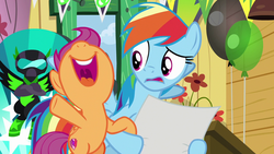 Size: 1280x720 | Tagged: safe, screencap, rainbow dash, scootaloo, pegasus, pony, g4, the washouts (episode), balloon, duo, female, filly, foal, hoof hold, mare, nose in the air, open mouth, volumetric mouth