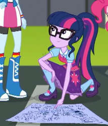 Size: 283x331 | Tagged: safe, screencap, pinkie pie, rainbow dash, sci-twi, twilight sparkle, equestria girls, g4, get the show on the road, my little pony equestria girls: summertime shorts, boots, cropped, female, geode of telekinesis, glasses, legs, offscreen character, pictures of legs, shoes, smiling