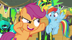 Size: 1280x720 | Tagged: safe, screencap, rainbow dash, scootaloo, g4, the washouts (episode), expressions, flying, grin, raised hoof, smiling