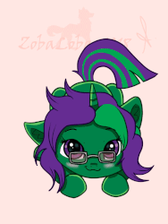 Size: 600x800 | Tagged: safe, artist:zobaloba, oc, oc only, oc:buggy code, pony, unicorn, animated, behaving like a cat, blinking, chibi, commission, cute, female, full body, gif, glasses, happy, mare, simple background, solo, tail, tail wag, ych example, ych result