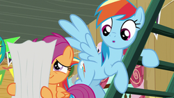 Size: 1280x720 | Tagged: safe, screencap, rainbow dash, scootaloo, pegasus, pony, g4, the washouts (episode), :o, duo, female, filly, foal, mare, open mouth